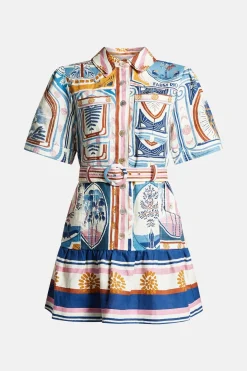 Cerrado Stamps Short Sleeve Linen Mini Dress in White and Blue