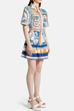 Cerrado Stamps Short Sleeve Linen Mini Dress in White and Blue