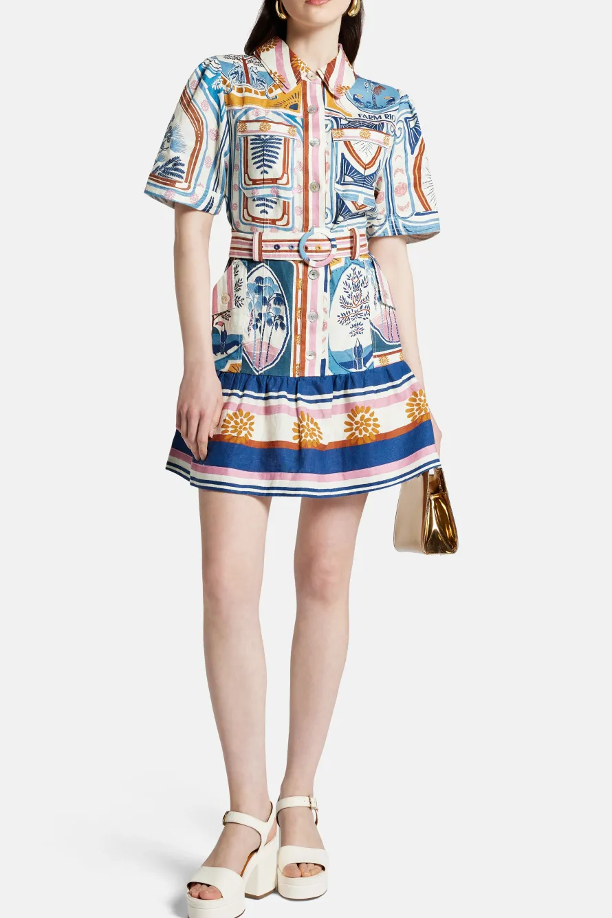 Cerrado Stamps Short Sleeve Linen Mini Dress in White and Blue