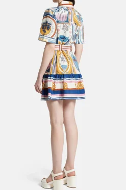 Cerrado Stamps Short Sleeve Linen Mini Dress in White and Blue