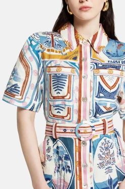Cerrado Stamps Short Sleeve Linen Mini Dress in White and Blue