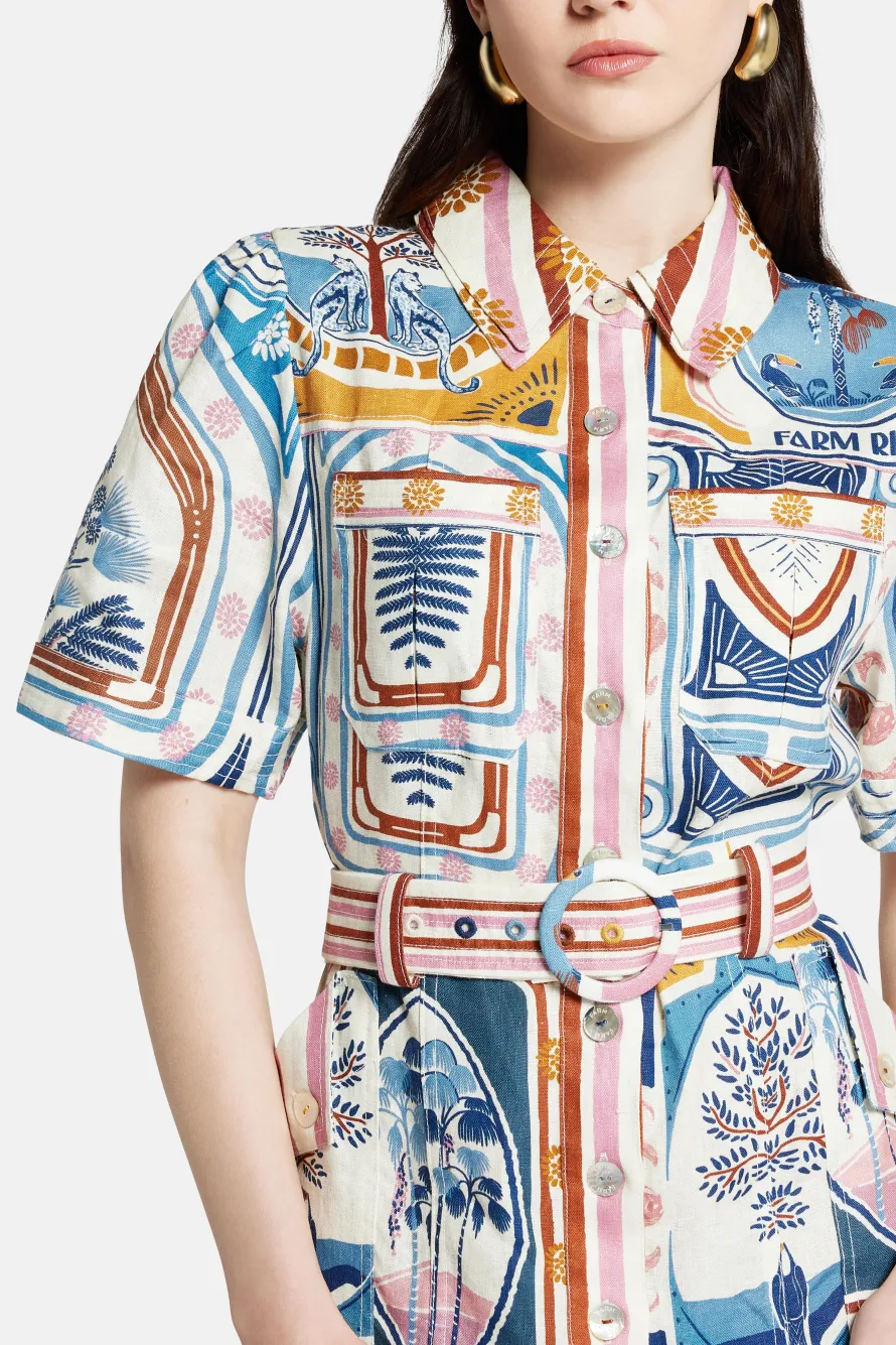 Cerrado Stamps Short Sleeve Linen Mini Dress in White and Blue
