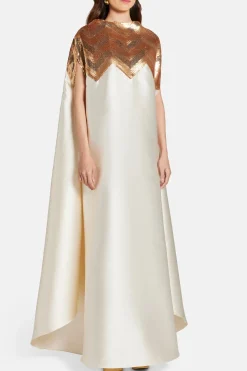 Chevron Sequin Kaftan Dress in Gold and White