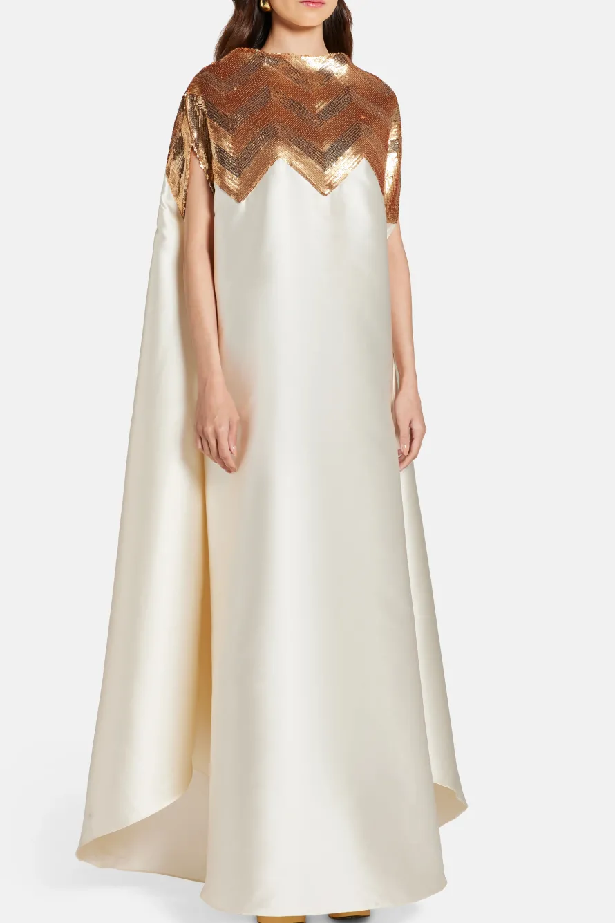Chevron Sequin Kaftan Dress in Gold and White