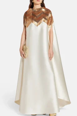 Chevron Sequin Kaftan Dress in Gold and White