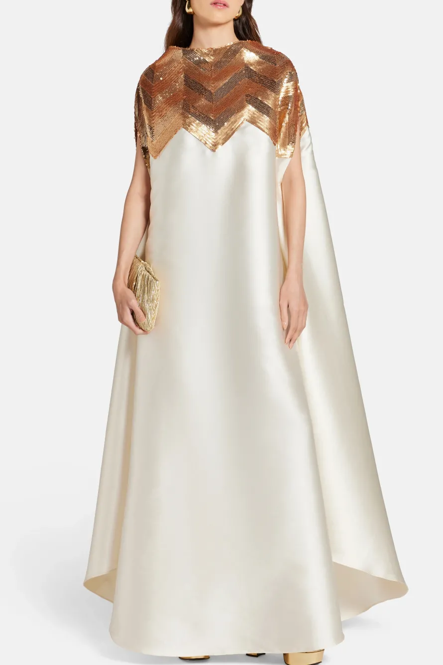 Chevron Sequin Kaftan Dress in Gold and White