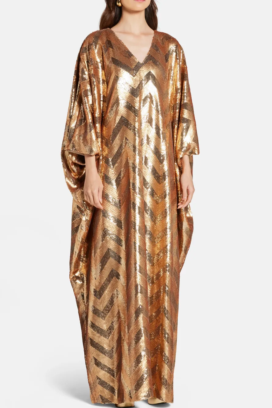 Chevron V Neck Kaftan in Gold