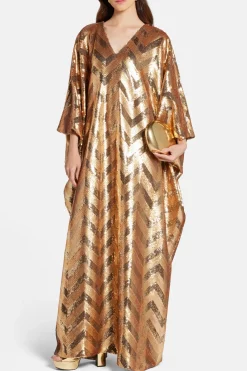 Chevron V Neck Kaftan in Gold