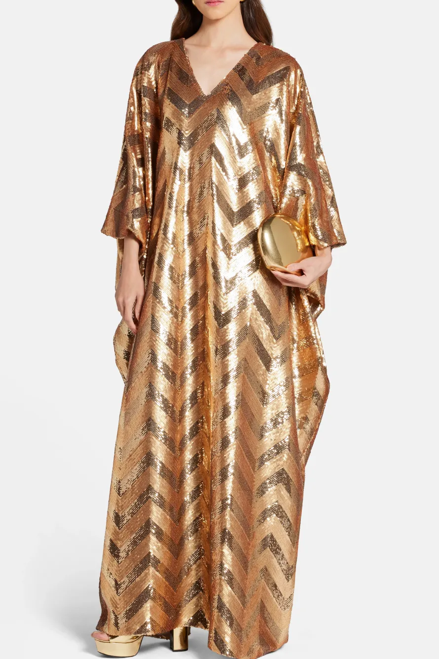 Chevron V Neck Kaftan in Gold