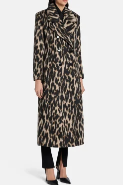 Chiara Leopard Print Wool Coat in Brown/ Beige