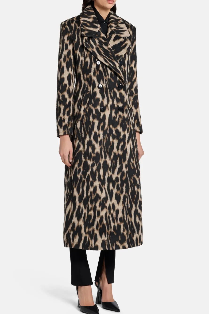 Chiara Leopard Print Wool Coat in Brown/ Beige