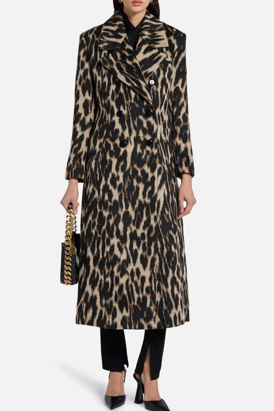 Chiara Leopard Print Wool Coat in Brown/ Beige