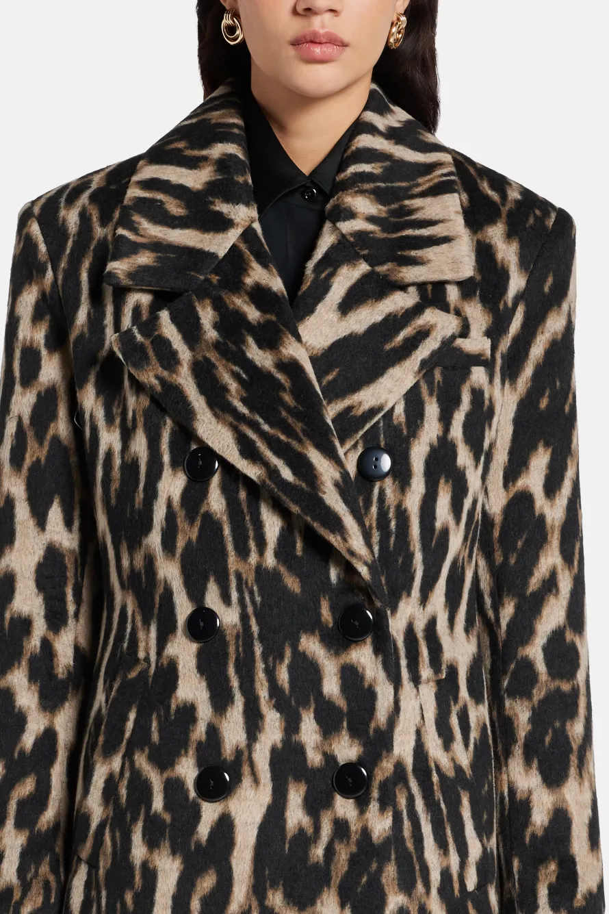Chiara Leopard Print Wool Coat in Brown/ Beige