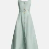 Clay Belted Linen Midi Dress in Green