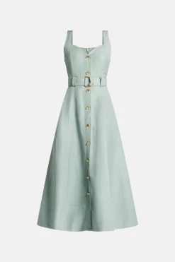 Clay Belted Linen Midi Dress in Green