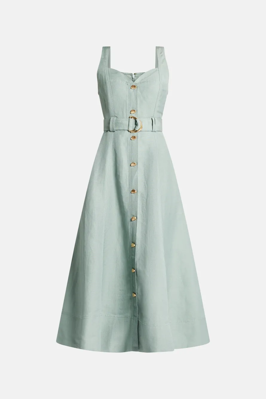 Clay Belted Linen Midi Dress in Green