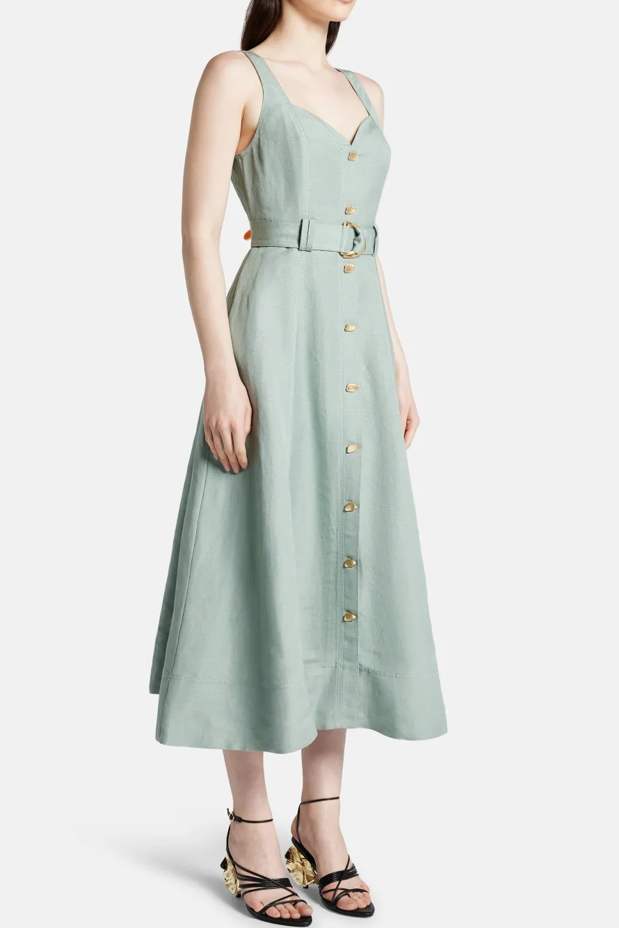 Clay Belted Linen Midi Dress in Green