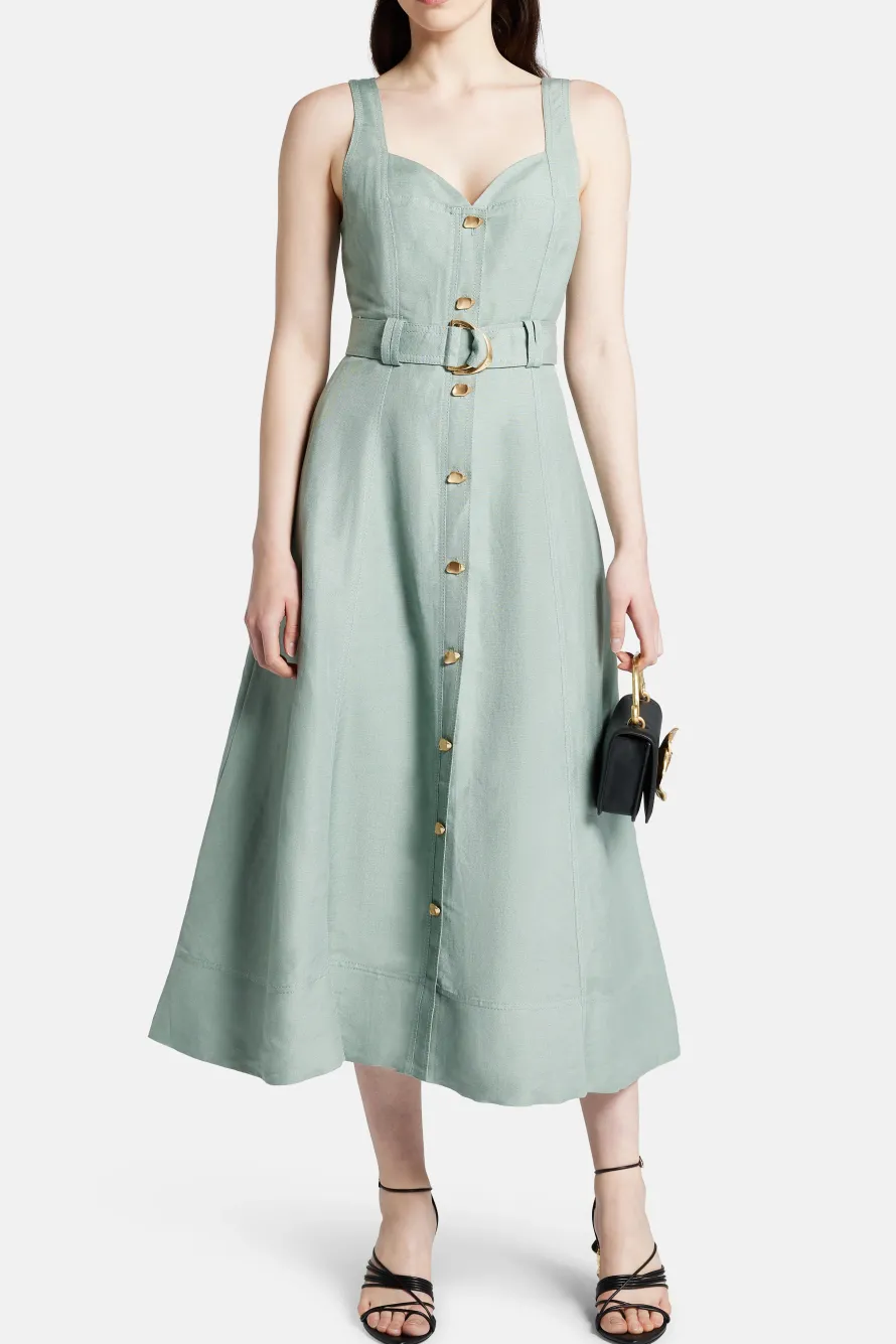 Clay Belted Linen Midi Dress in Green