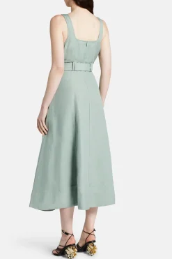 Clay Belted Linen Midi Dress in Green