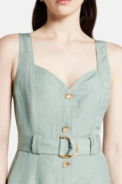 Clay Belted Linen Midi Dress in Green