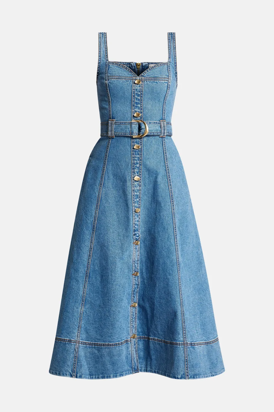 Clay Sleeveless Denim Cotton Midi Dress in Blue