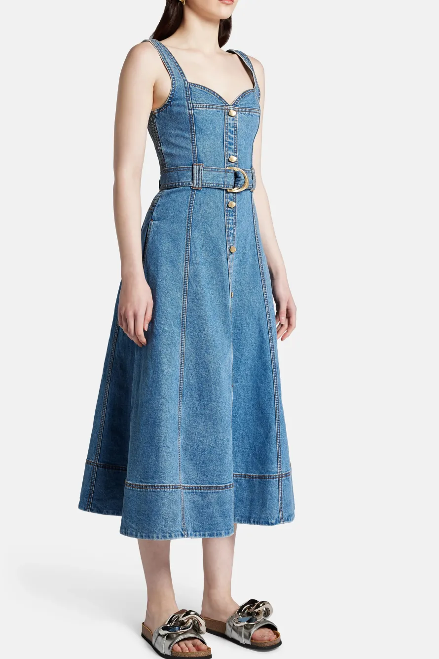Clay Sleeveless Denim Cotton Midi Dress in Blue