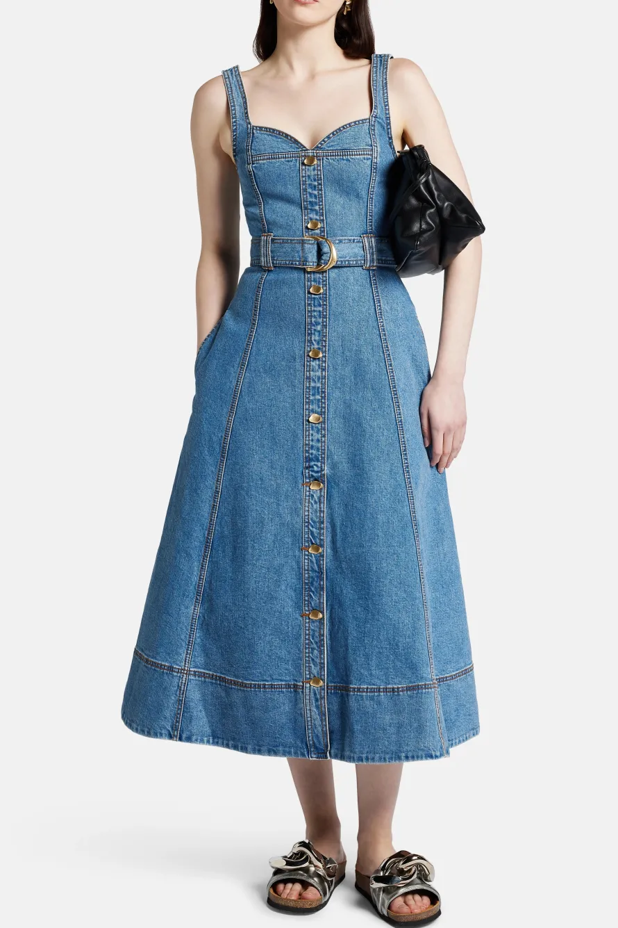 Clay Sleeveless Denim Cotton Midi Dress in Blue