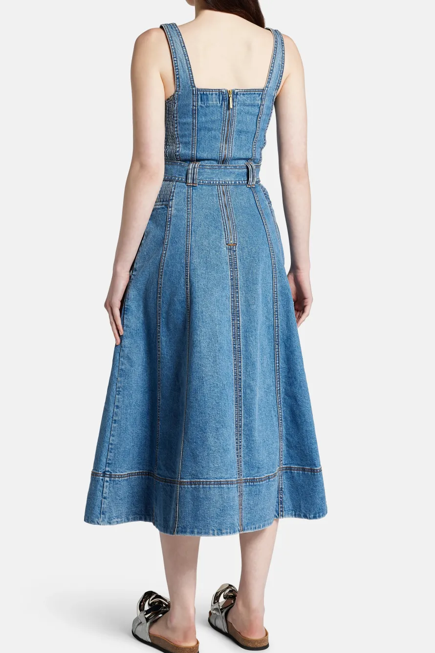 Clay Sleeveless Denim Cotton Midi Dress in Blue