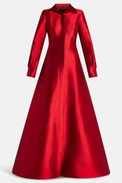 Collared Shirt Silk Blend Evening Gown in Red