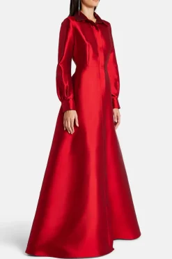 Collared Shirt Silk Blend Evening Gown in Red