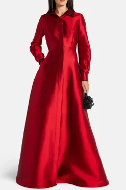 Collared Shirt Silk Blend Evening Gown in Red