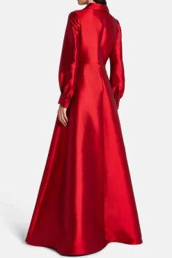 Collared Shirt Silk Blend Evening Gown in Red