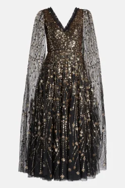 Comet Sequin Cape Evening Dress in Black