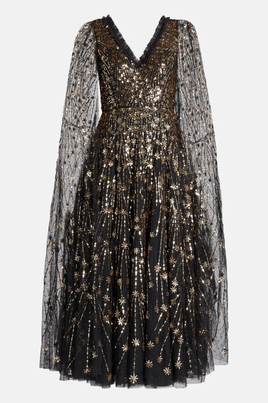 Comet Sequin Cape Evening Dress in Black