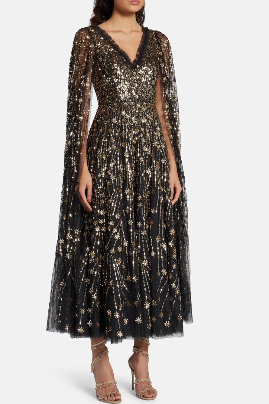 Comet Sequin Cape Evening Dress in Black