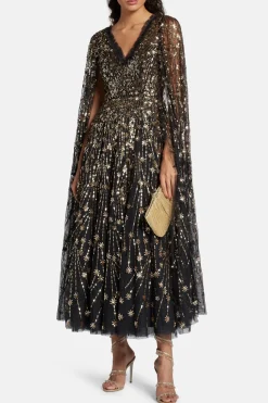 Comet Sequin Cape Evening Dress in Black