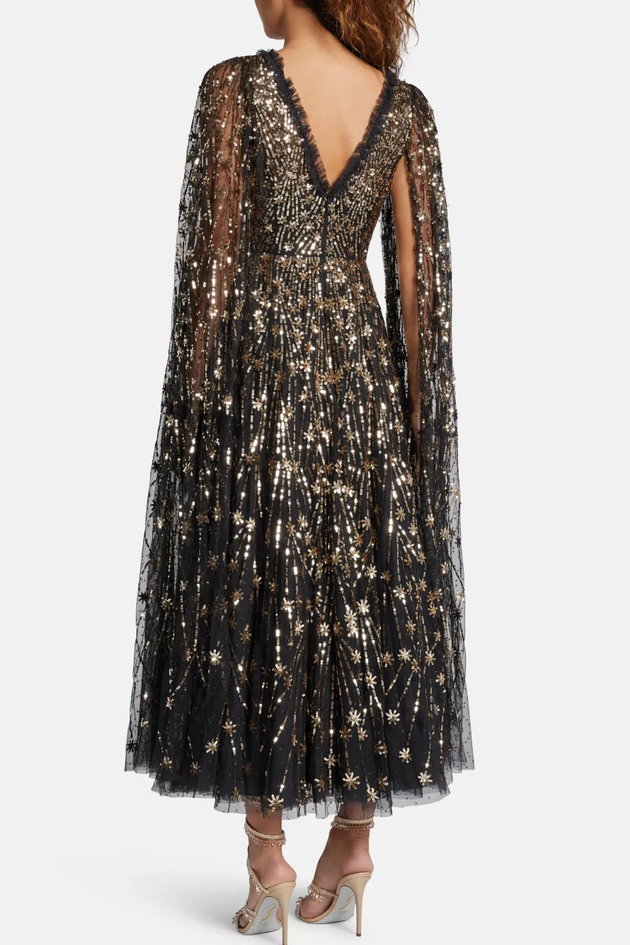 Comet Sequin Cape Evening Dress in Black