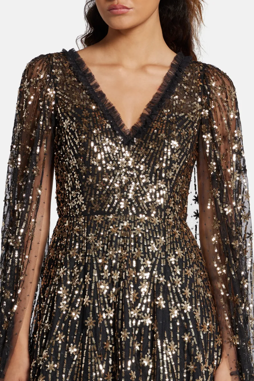 Comet Sequin Cape Evening Dress in Black