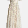 Confetti Ruffle Off Shoulder Sequin Midi Dress in Cream