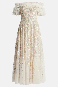 Confetti Ruffle Off Shoulder Sequin Midi Dress in Cream