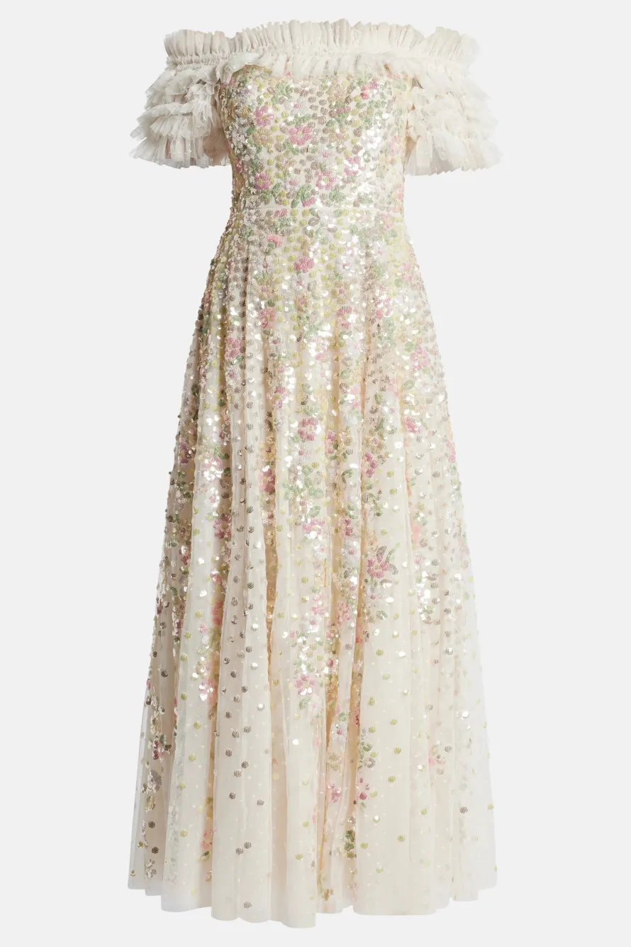 Confetti Ruffle Off Shoulder Sequin Midi Dress in Cream