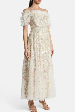 Confetti Ruffle Off Shoulder Sequin Midi Dress in Cream