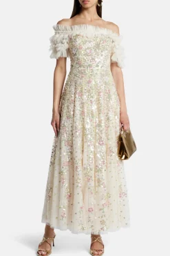 Confetti Ruffle Off Shoulder Sequin Midi Dress in Cream