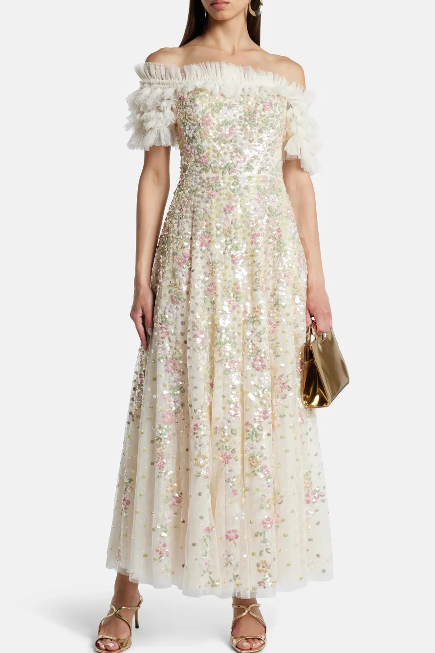 Confetti Ruffle Off Shoulder Sequin Midi Dress in Cream