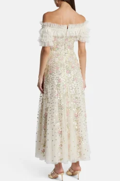 Confetti Ruffle Off Shoulder Sequin Midi Dress in Cream
