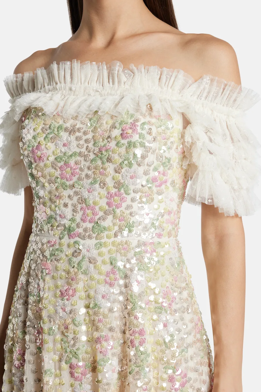 Confetti Ruffle Off Shoulder Sequin Midi Dress in Cream