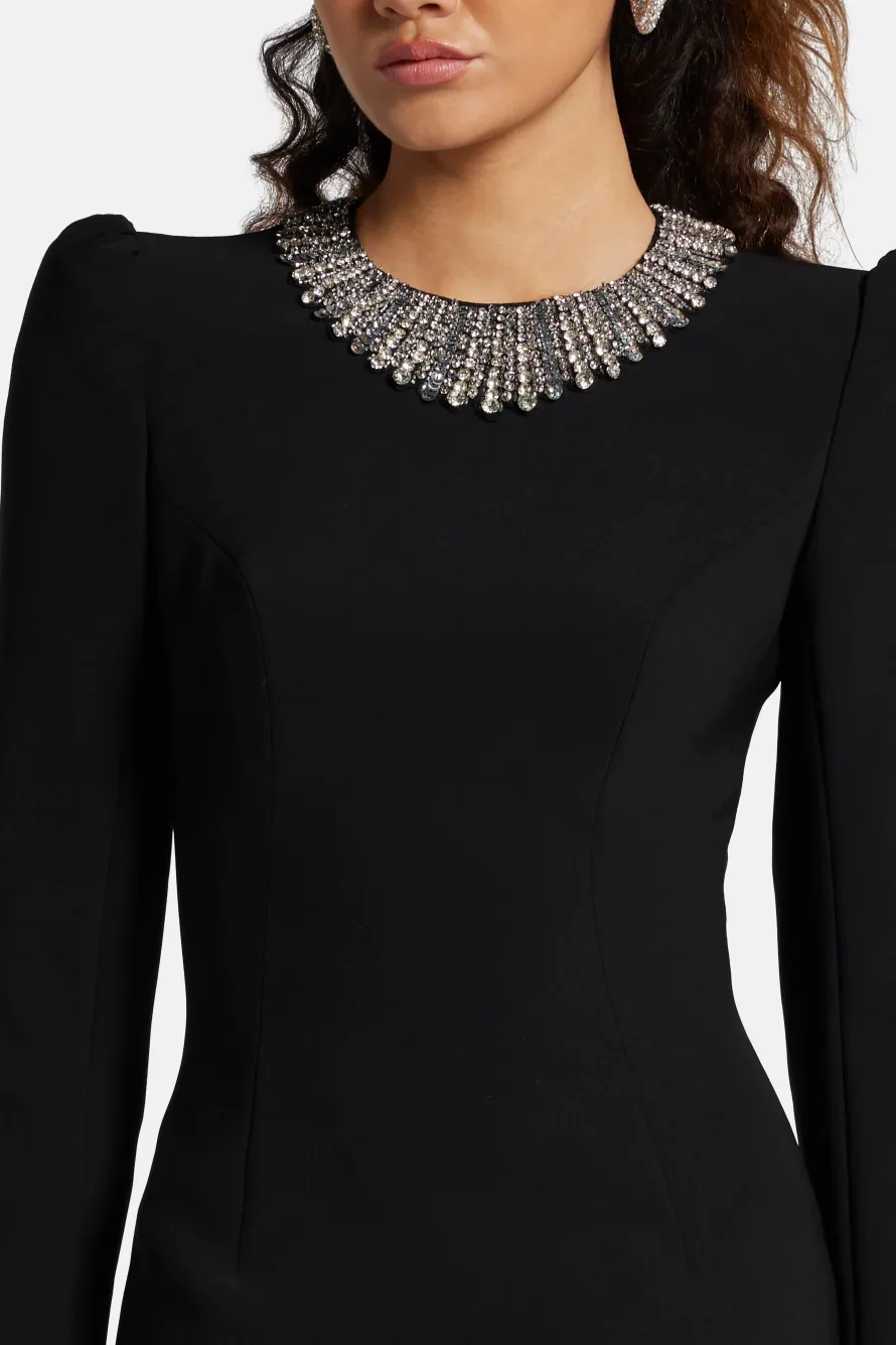 Cora Embellished Cocktail Midi Dress in Black