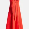Cotton Sleeveless Bow Detail Midi Dress in Red