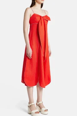 Cotton Sleeveless Bow Detail Midi Dress in Red