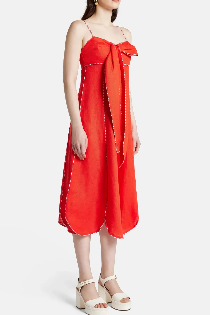 Cotton Sleeveless Bow Detail Midi Dress in Red